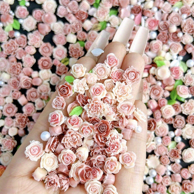 50pcs Mixed Style Nail Art Accessories, Rose Flower Charms, Small Floral Buds, Pearls, Bowknots, Leaves Embellishments For Nail Decoration
